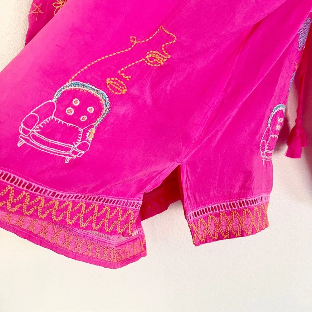 JOHNNY WAS Zadonia Embroidered Tie Neck Blouse in Fuchsia Pink